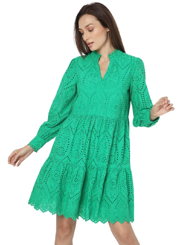 VERO MODA Women's Cotton Fit and Flare Above The Knee Dress (Golf Green)