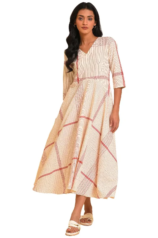 W for Woman Women's Cotton Beige Playful Checkered Free Flowing Dress Calf Length Graduation unclassified dresses