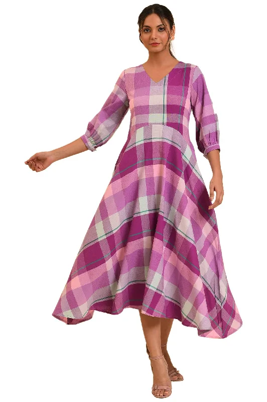 W for Woman Women's Cotton Purple Playful Free Flowing Checker Dress Calf Length Mulberry Stylish unclassified dresses