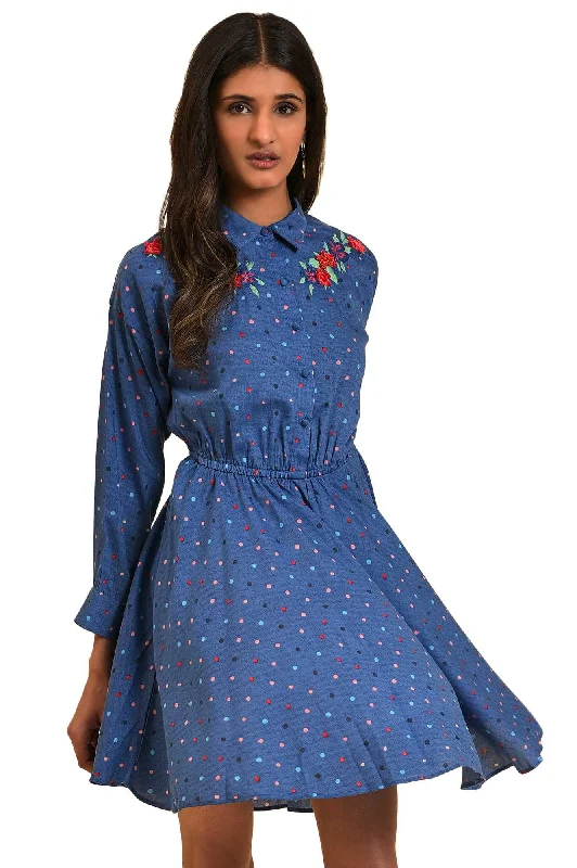 W for Woman Women's Polyester Blue Polka Dot Embroidered Dress Above The Knee Budget-friendly unclassified dresses