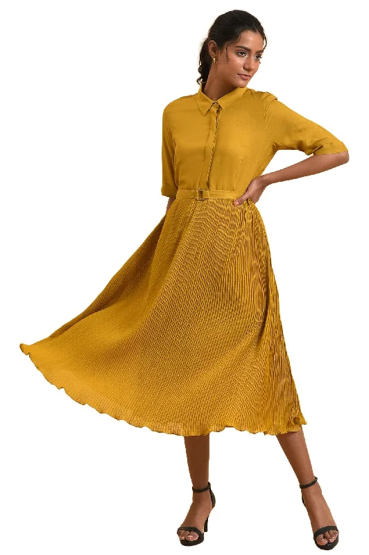 W for Woman Women's Viscose Mustard Yellow Pleated Dress Calf Length Metallic unclassified dresses