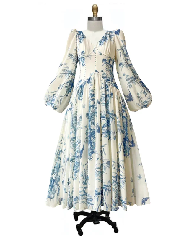 Fleur- the Gunne Style Floral Print Lantern Sleeve Dress Luxury floral dresses