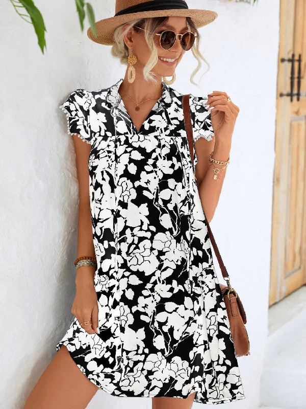 Floral Tie Neck Butterfly Sleeve Dress Stretchy floral dresses