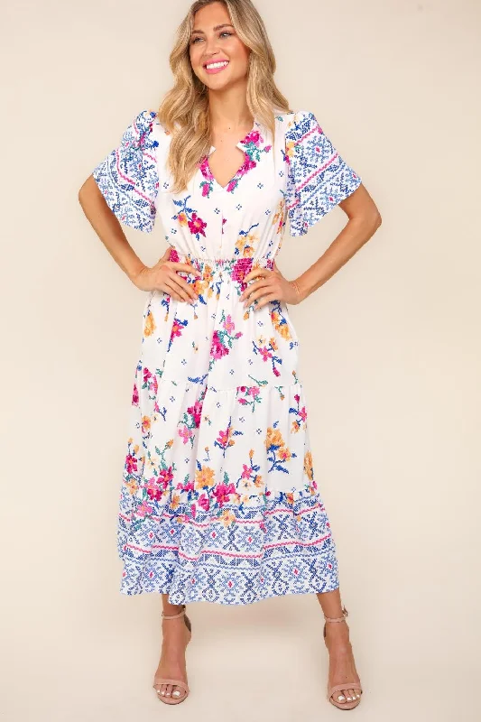 Haptics Printed Notched Short Sleeve Tiered Dress Boho floral dresses