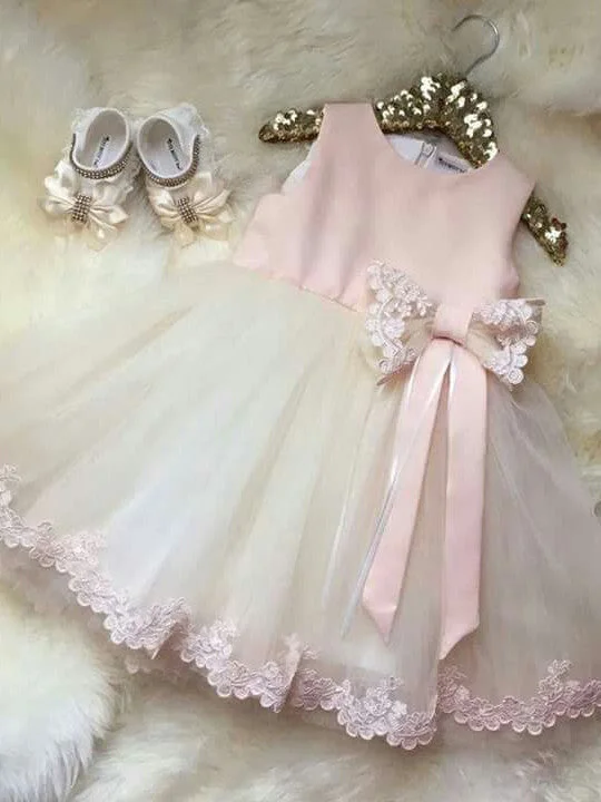 Flower Girl Dresses Bowknot Long Appliques Satin and Tulle JKF019 Pleated Tulle Dress