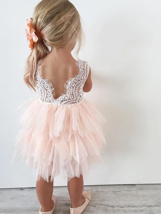 Flower Girl Dresses Cheap Pink White Lace Tulle JKF005 Tulle Evening Gown