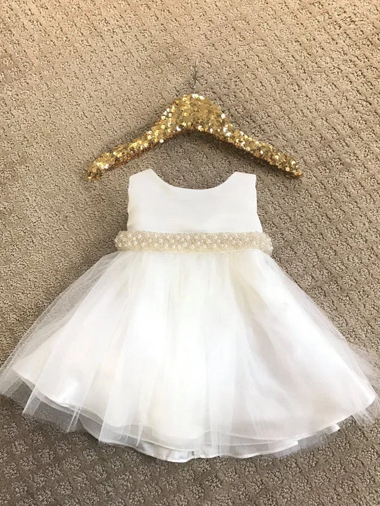 Flower Girl Dresses Cute Ivory Pink Bowknot Beading Tulle JKF018 Tulle Dress Flare