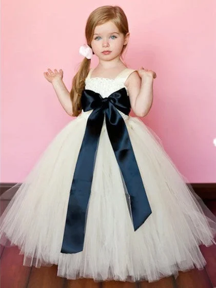 Flower Girl Dresses Floor-length Champagne Bowknot Straps Tulle JKF007 Full Tulle Dress