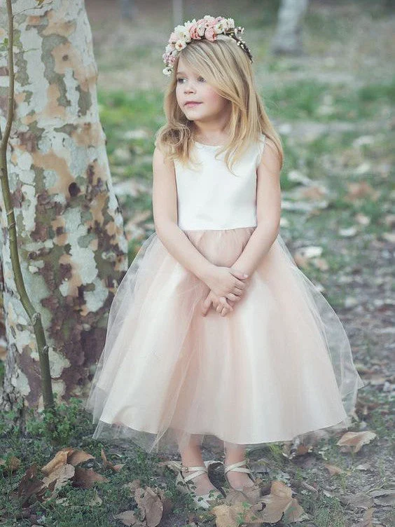 Flower Girl Dresses Ivory and Champagne Bowknot Satin and Tulle JKF009 Tulle Dress Fluffy