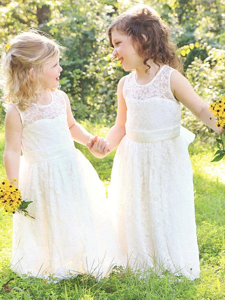 Flower Girl Dresses Lace Ivory Floor-length Bowknot Tulle JKF015 Tulle Dress Glamour