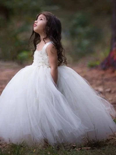 Flower Girl Dresses Long Ball Gown Straps Hand-Made Flower Tulle JKF014 Bohemian Tulle Dress