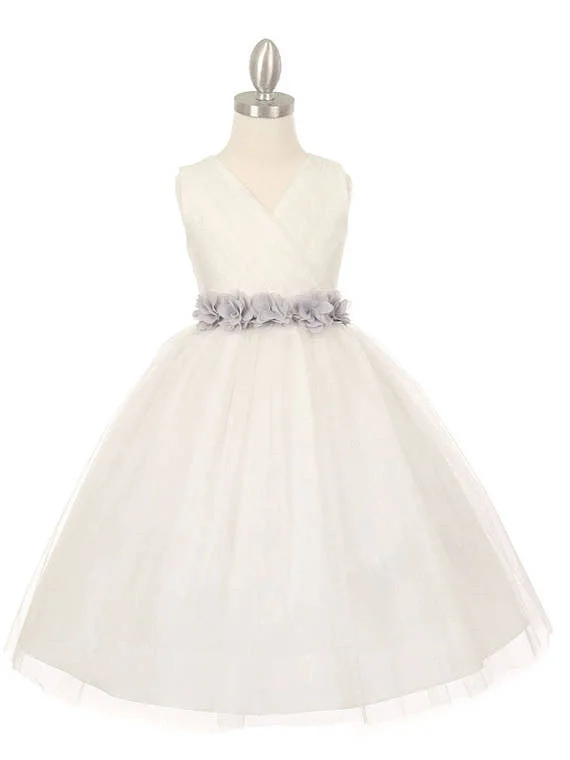 Flower Girl Dresses Long V-neck Hand-Made Flower Scoop Tulle JKF010 A-line Tulle Dress