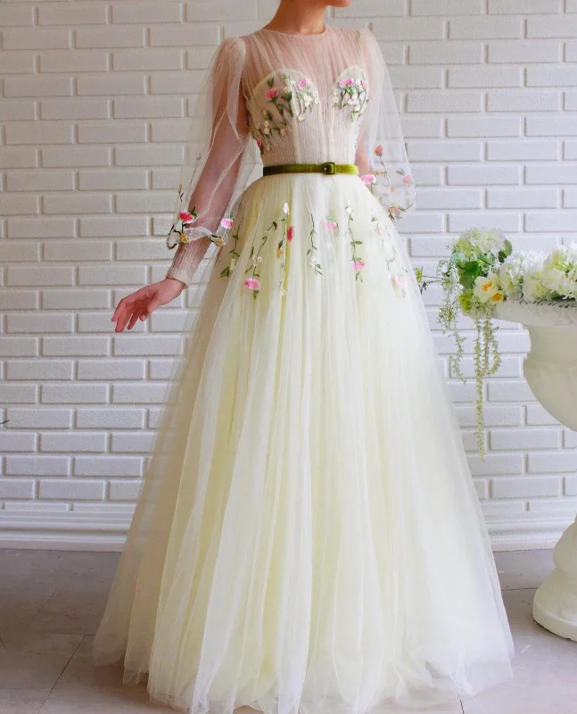 A-line Bateau Illusion Long Sleeves Tulle Embroidery Long Prom Dress JKQ109 Tulle Dress Dream