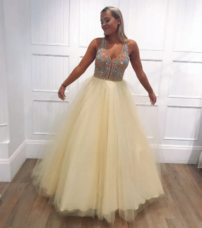 A-Line Light Yellow Tulle Beaded V-Neck Long Prom Dress,JKC1001 Tulle Party Gown