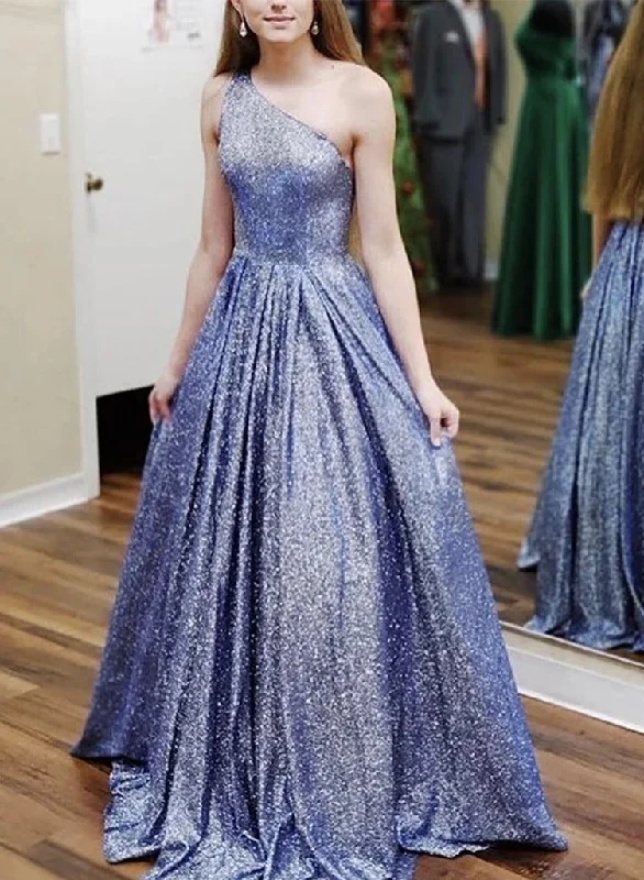 A-Line One Shoulder Navy Blue Tulle Sparkle Prom Dress JKQ110 Sweet Tulle Dress