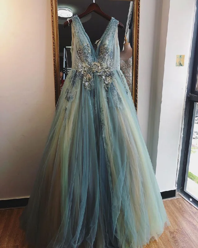 A-Line Tulle Appliques V-neck Long Prom Dress Formal Evening Gowns JKZ8718 Tulle Dress Set