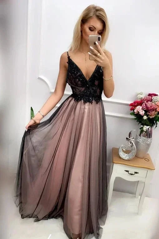 A-Line Tulle Beaded V-neck Long Prom Dress JKS6733 Tiered Tulle Dress