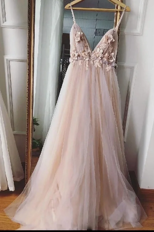 A-line V-neck 3D Appliques Eleagnt Tulle Long Prom Dress JKS6731 Tulle Dress Sparkling