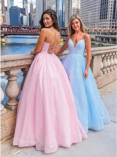 A-Line V-neck Spaghetti Straps Pink Tulle Long Prom Dress JKQ122 Tulle Dress Classic