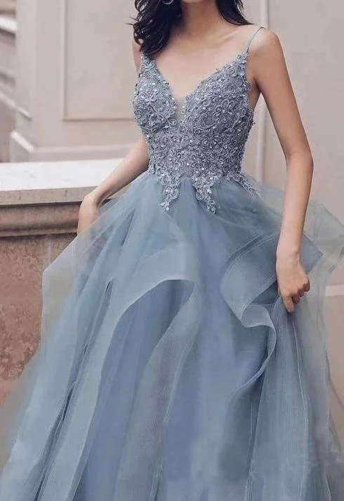 A-line V-neck Tulle Appliques Long Prom Dress Formal Evening Gowns JKQ132 Tulle Party Dress