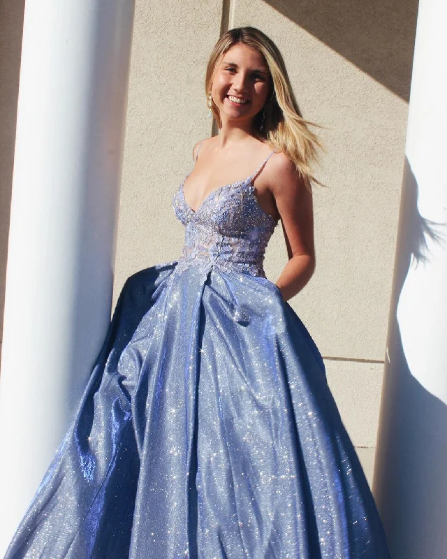 Blue Tulle Appliques A-Line Long Sparkle Prom Dress with Pockets JKS8623 Off-shoulder Tulle Dress