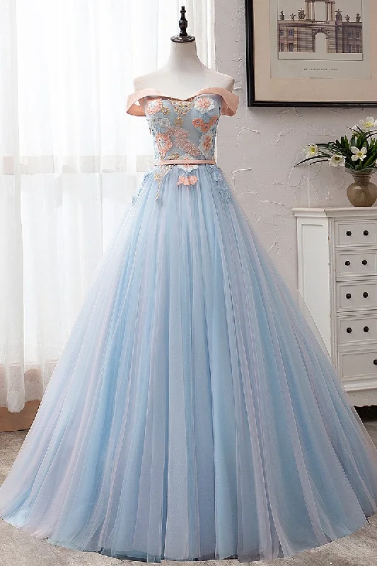 Blue Tulle Off-the-Shoulder Appliques Ball Gown Long Prom Dress JKP501 Tulle Dress Simple