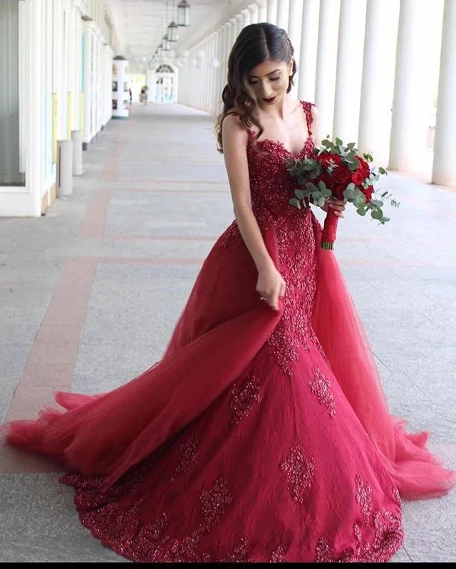 Burgundy Tulle Appliques Double Straps Swetheart Prom Dress with Sweep Train JKS8821 Lace Tulle Dress