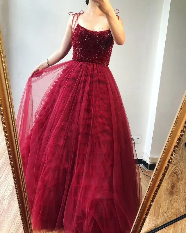 Burgundy Tulle Beaded Spaghetti Straps Scoop A-Line Long Prom Dress JKZ8712 Tulle Dress Glam