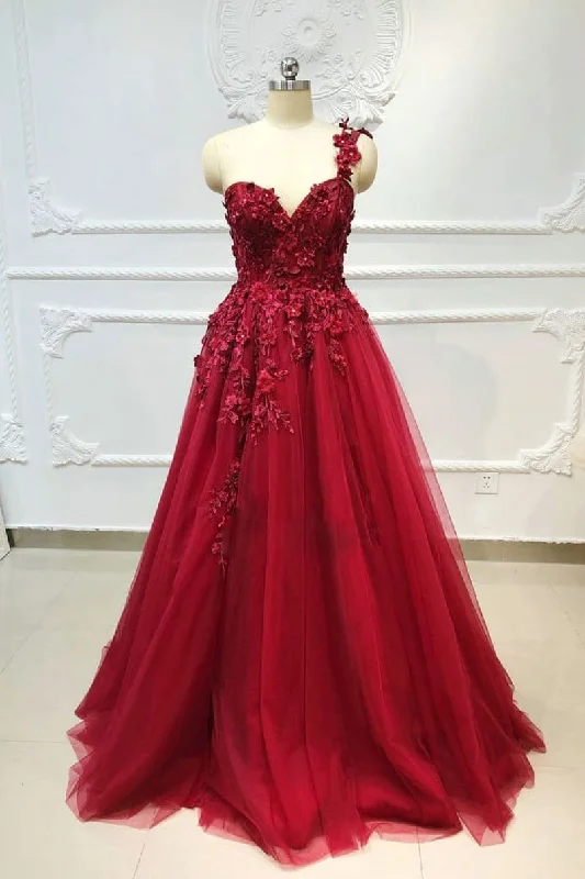 Burgundy tulle lace one shoulder long prom dress, burgundy bridesmaid dress LBQX1117 Tulle Dress Flow