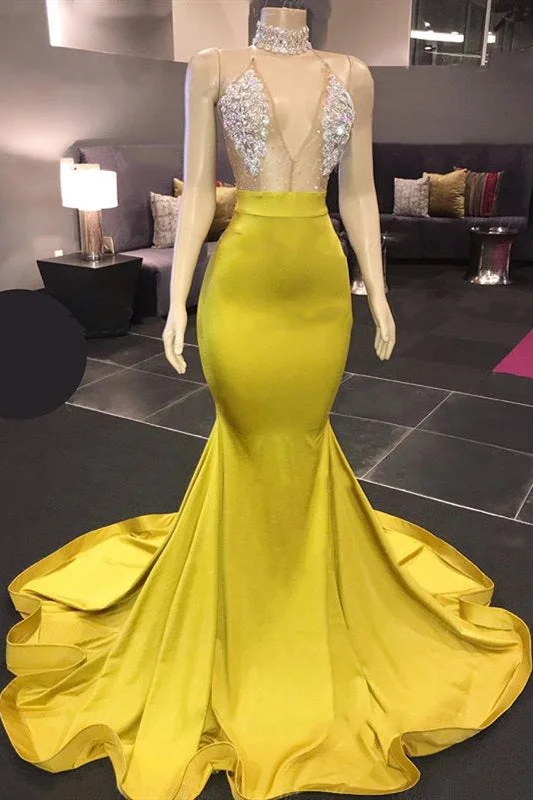 Chic Yellow Sleeveless Crystals Sheer Tulle Prom Dresses New Arrival Mermaid Formal Evening Gowns Bohemian Tulle Dress