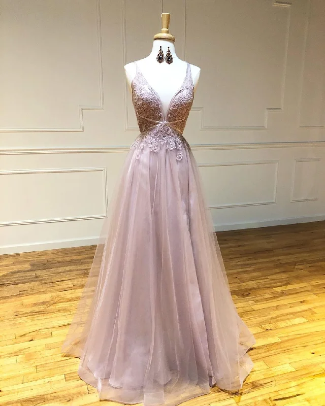 Dusty Pink Tulle Appliques V-neck A-Line Long Prom Dress JKZ9401 Tulle Dress Chic