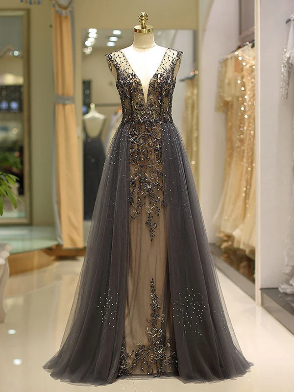 Gorgeous Evening Dresses Grey Luxury Heavy Beaded Tulle Backless V Neck Formal Evening Dress With Train