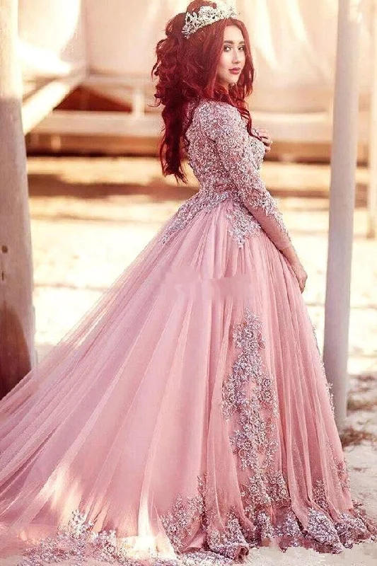 Gorgeous Long-Sleeve Arabic Style Lace Appliques Tulle Evening Dress Tulle Dress Dazzle