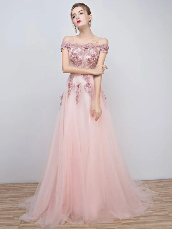 Gorgeous Pink Evening Dresses  Long Tulle Off The Shoulder evening dress Lace Applique Beading Flower Occasion Dress With Train