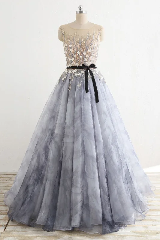 Gray Rround Neck Tulle Long Prom Dress Grey Evening Dress JKP408 Boho Chic Tulle