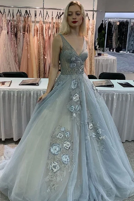 Gray V Neck Tulle Lace Appliques Long Prom Dress Formal Evening Dress JKQ5218 Tulle Ball Gown