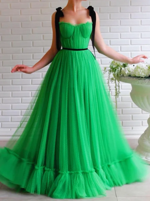 Green Tulle Spaghetti Straps Sweetheart A-Line Long Prom Dress JKZ8720 Tulle Dress Outfit