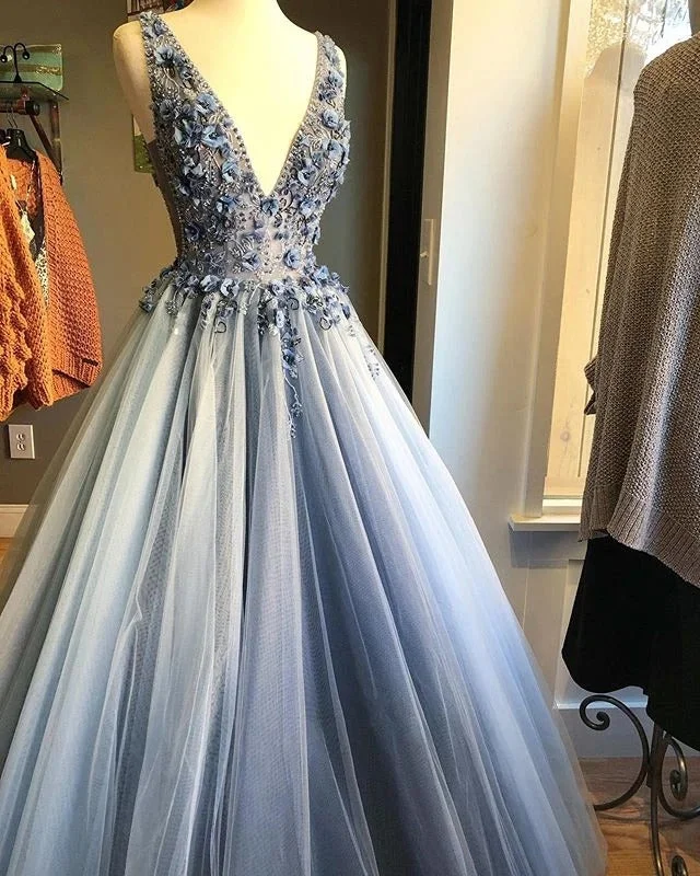 Grey Tulle 3D Appliques A-line V-neck Long Prom Dress JKS8824 Tulle Dress Fashion