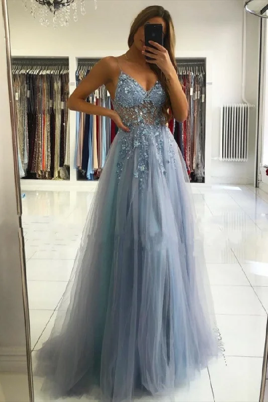 Illusion neck Storm Blue V-neck Tulle See-through Evening Dress Tulle Dress Flare