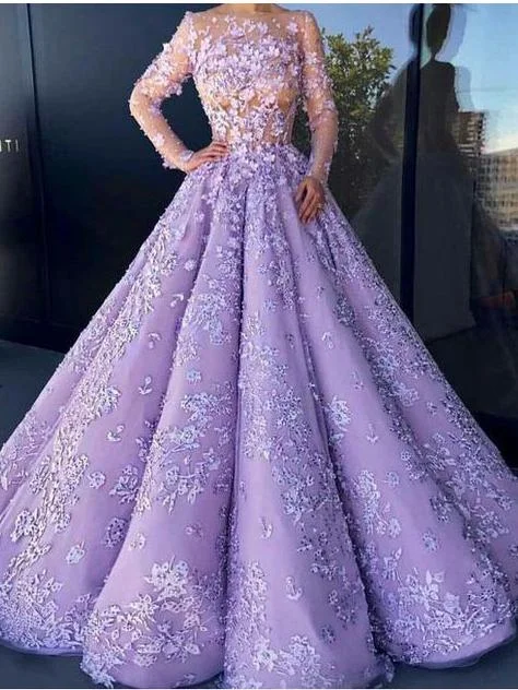 Ball Gown Lilac Tulle Long Sleeve Prom Dress JKW374 Tulle Wedding Dress