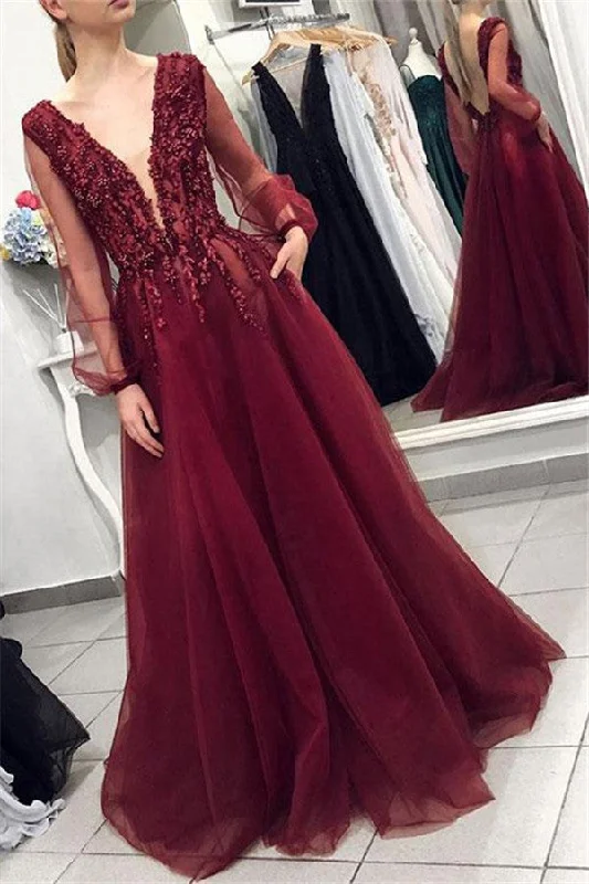 Maroon V-Neck Long Sleevess Applique Prom Dresses Tulle Evening Dresses with Beads Tulle Dress Fit