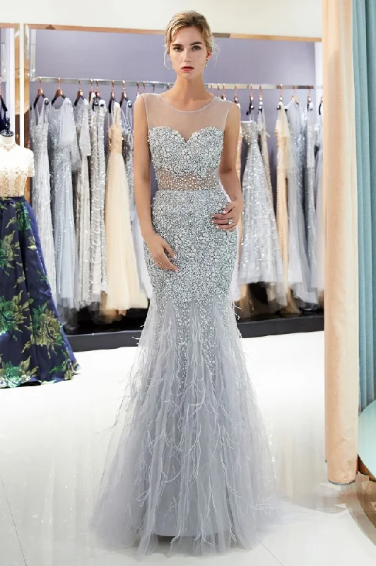 MEG Mermaid Sleeveless Illusion Neckline Crystal Sqeuined Tulle Evening Dresses Stylish Tulle Gown