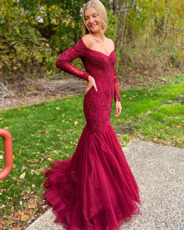 Mermaid Tulle Appliques Off-the-Shoulder Long Sleeve Burgundy Prom Dress JKZ8312 Tulle A-line Dress