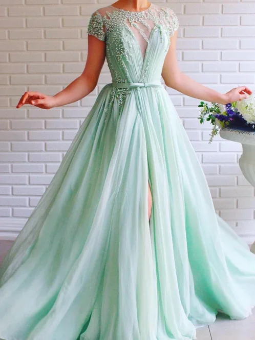 Mint Green Tulle Beaded A-Line Short Sleeves Long Prom Dress with Slit JKZ8721 Tulle Dress Style