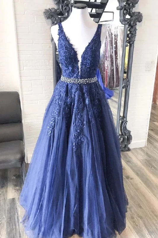 Navy Blue Tulle Appliques Sexy V-neck A-Line Long Prom Dress JKZ8715 Vintage Tulle Dress