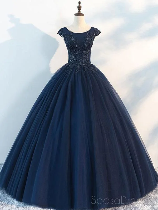 Navy Cap Sleeves Ball Gown Tulle Cheap Long Evening Prom Dresses, Custom Sweet16 Dresses, 18410 Tulle Dress Party