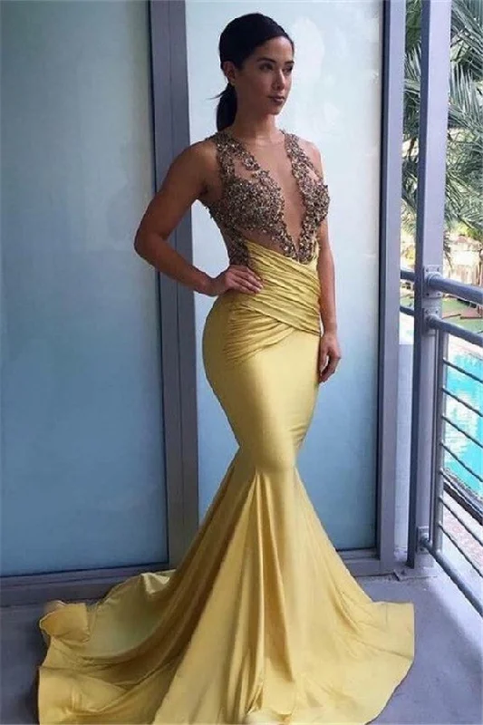 New Mermaid Ruffles Beads Appliques Sheer Tulle Prom Dresses Summer Long Yellow Formal Dresses Chic Tulle Dress