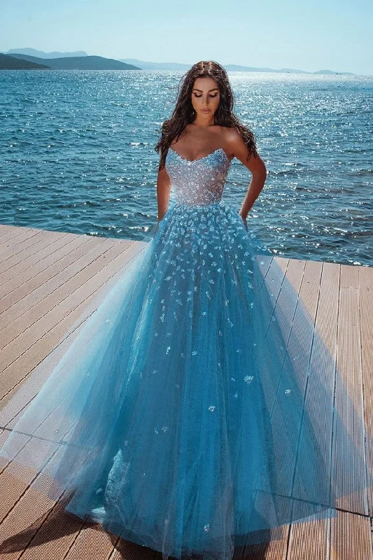 Ocean Blue Strapless Sparkle Beads Tulle Princess Prom Party Gowns Pretty Tulle Dress