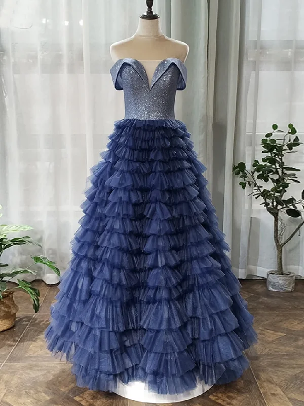 Off-the-Shoulder Navy Blue Tulle Ruffles A-Line Long Prom Dress JKZ8716 Tulle Dress Sparkle