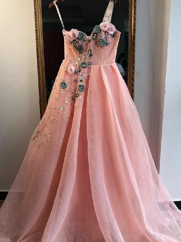 One Shoulder 3D Appliques A-Line Pink Tulle Long Prom Dress JKZ8717 Elegant Tulle Gown